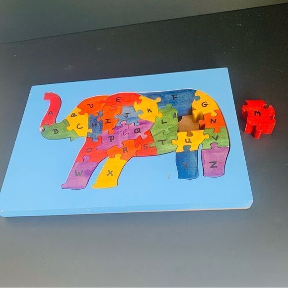 Handmade Chunky Wooden Elephant Alphabet Puzzle - Picture 1 of 3